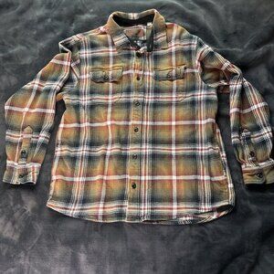 Orvis Heavy Weight Flannel Mens Size XL Brown Plaid Shacket Pockets Chorecoat